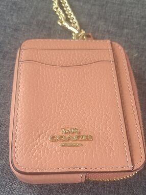 Coach Coral Peach Pebbled Leather Card Holder with Gold Chain
